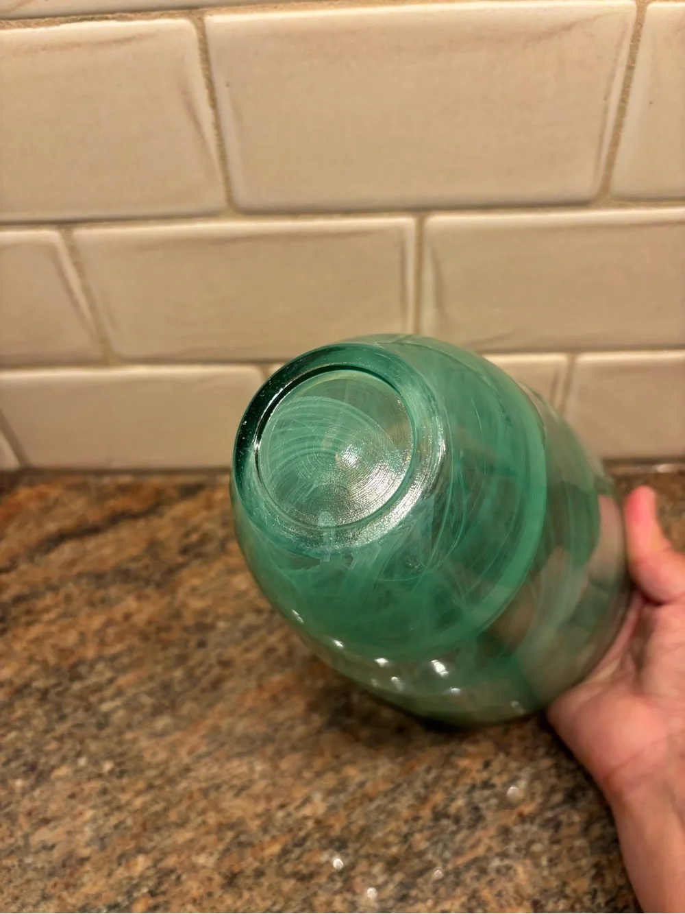 Murano Kosta Boda Style Green Marbled Swirled Glass Vase 7” Tall